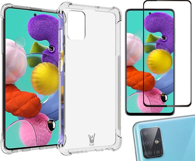 Hoesje geschikt voor Samsung Galaxy A51 - Transparant Shock Proof Case + Screen Protector Full + Camera Protector