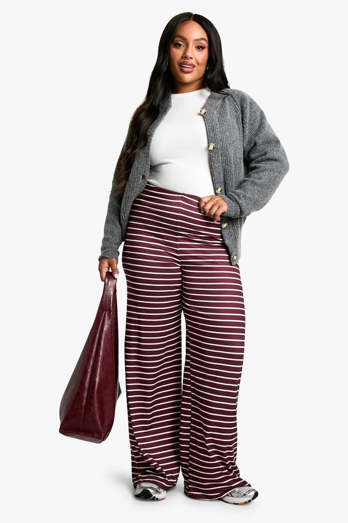 boohoo Dames Plus gestreepte wijde broek | Bordeaux Rood | Maat: 56