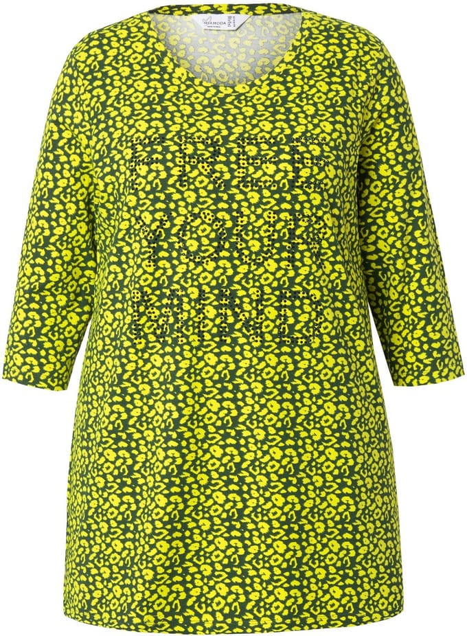 MIAMODA - Dames - Longshirt luipaardpatroon glitterstatement 3/4-mouw - Limoen - Maat 44