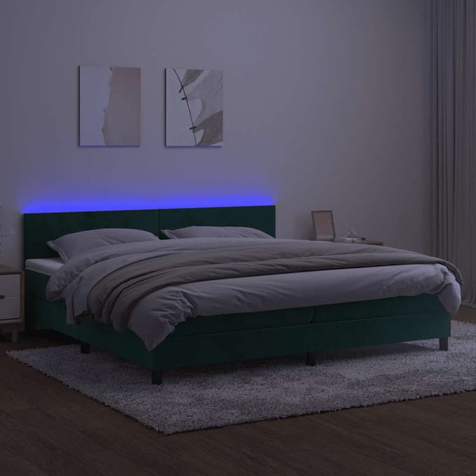 vidaXL - Boxspring - met - matras - en - LED - fluweel - donkergroen - 200x200 - cm