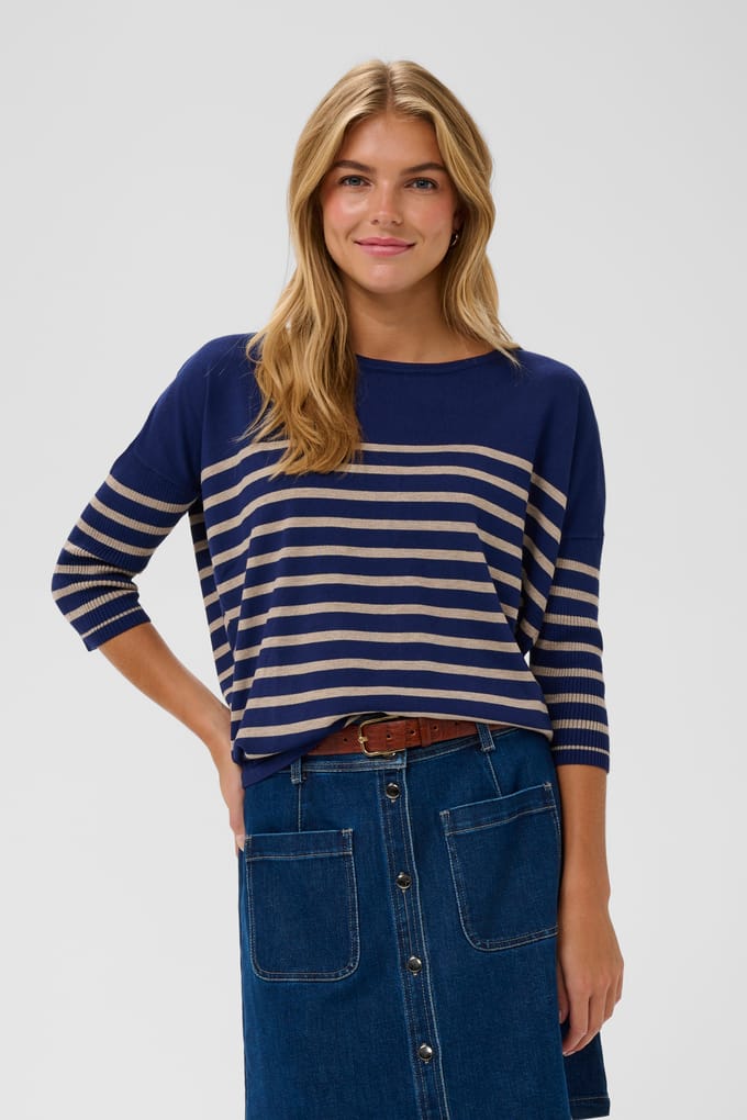 Saint Tropez MilaSZ R-neck St. Pullover Dames Trui - Navy Peony Greige Stripe