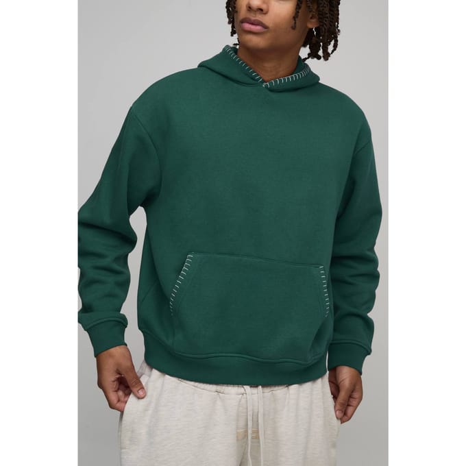 Oversized Boxy Blanket Stitch Hoodie | Forest | Size Small
