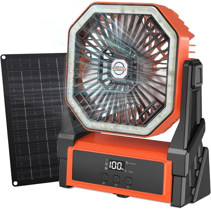 Zonne Ventilator 10000mAh – Met 10W Zonnepaneel – LED-Verlichting – 4 Snelheden – Timerfunctie – Draagbare Campingventilator
