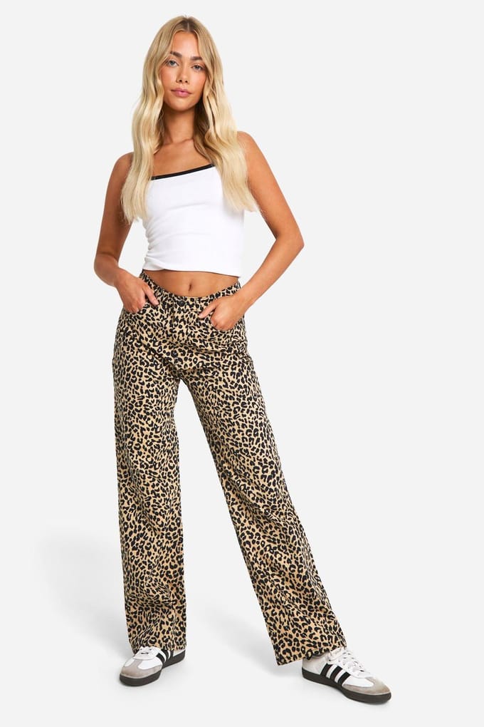 boohoo Dames Leopard Denim Rechtse Pijpen Jeans | Beige | Maat: 6