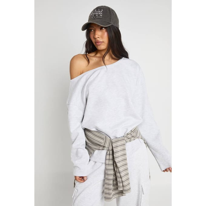 boohoo Dames Lang Interlock Off-shoulder Sweatshirt | Ash Grey | Maat: XS