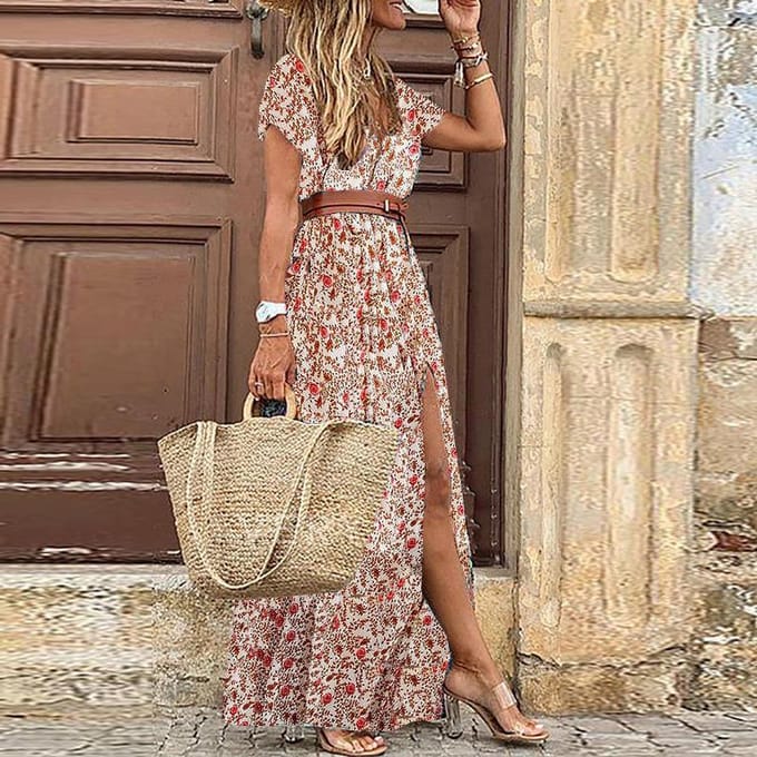 Vrouwen Zomer Mode Boho Stijl V-hals Bloemenjurk 2XL