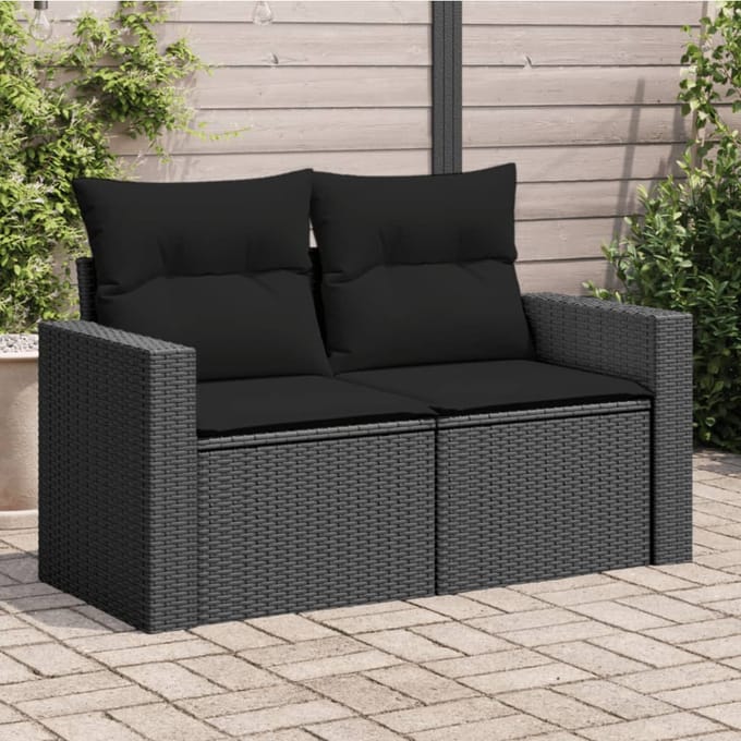 vidaXL - Tuinbank - met - kussens - 2-zits - zwart - poly - rattan