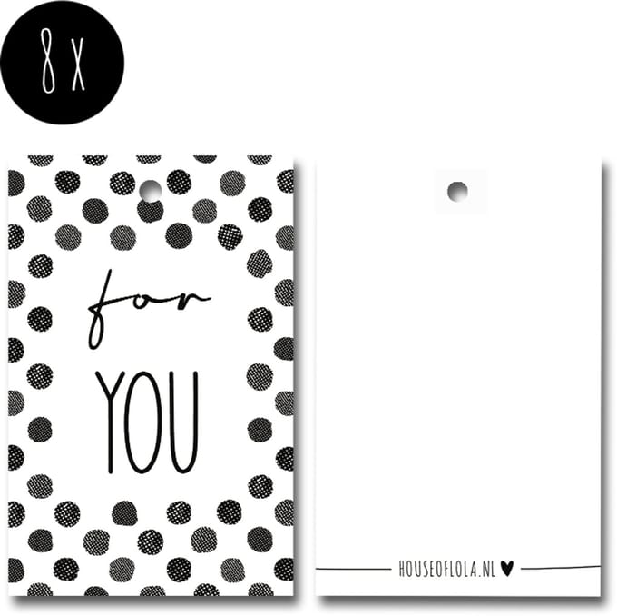 8x Label / Kaartje van karton / Cadeaulabels / Labels | FOR YOU | 85 x 55 mm | wit & zwart