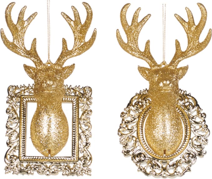 RENDIER-HOOFD-GLITTER-FRAME-GOUD-KERSTHANGER-15,5CM-ASS/2-GOODWILL-HERT-APART-PRIJS IS PER STUK!