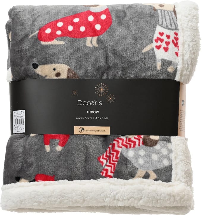 Decoris - Kerst Fleece Plaid - Grijs - Hondjes met Kersttrui - 130x170cm - Polyester