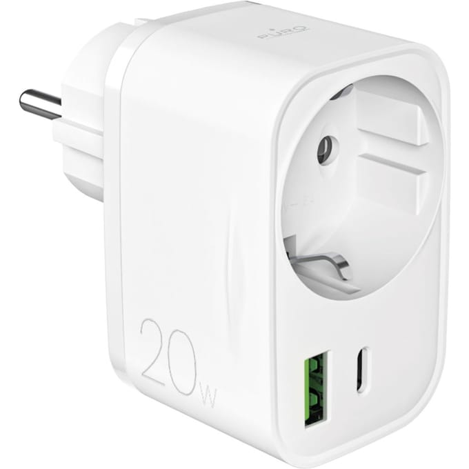 Puro 20W Power Delivery Charger with Schuko Plug and Socket 1x USB-C + 1x USB-A - White