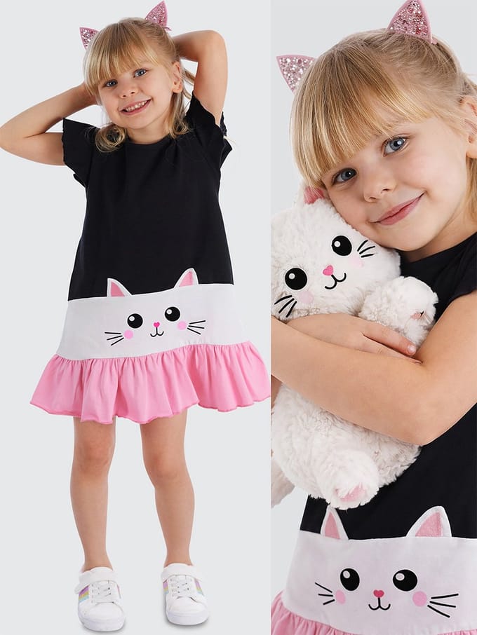 Denokids CFF-21Y2-045 Zwart Meisjes Jurk Kattenprint Ruffle 122