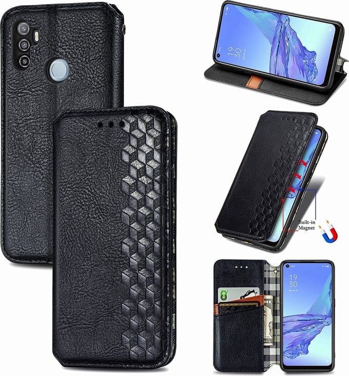 Luxe PU Lederen Ruitpatroon Wallet Case + PMMA Screenprotector voor OPPO A53 4G / A53s 4G _ Zwart