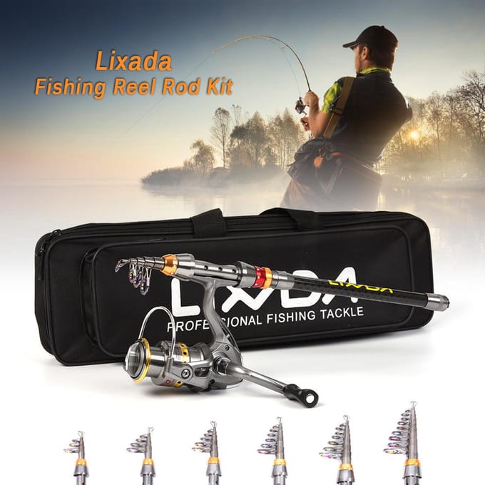 NIEUWE Telescopische hengel en molen combo kit Pole Spinning Tackle + tas set 2.1m gray