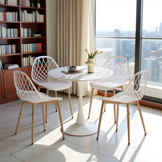 EGGREE eethoek - eettafel met 4 witte stoelen - tafel Ø 80 cm - voor bar, café en eetkamer - marmeren tafel