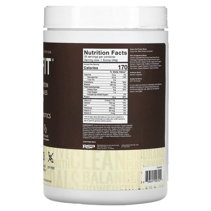 RSP Nutrition, Truefit, Shake de Protéine de Whey Nourrie à l'Herbe, Chocolat, 2 lbs (940 g)