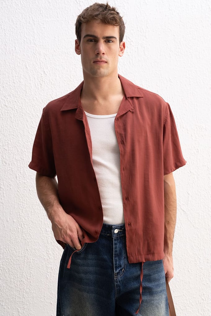 Heren Korte Mouw Open Kraag Shirt