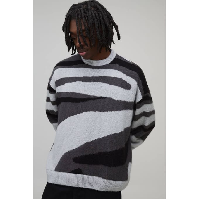 Oversized Boxy Geborsteld Dierlijk Gebreide Trui | Grey | Size Medium