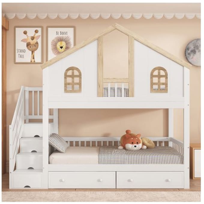 Stapelbed - MUVOE - 90x200 cm - Wit en natuurlijke tinten - 2 lades - Veiligheid EN747 wit