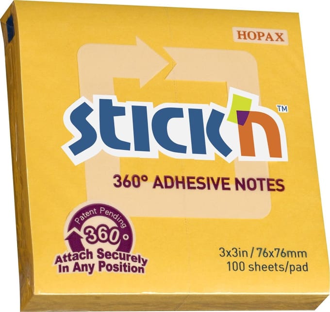 Stick'n Adhesive Notes - 360 Graden Lijmrand - Sticky Notes - 76x76mm - Goudgeel - 100 Memoblaadjes