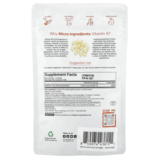 Micro Ingredients, Vitamine A, 25.000 IE, 500 Softgels