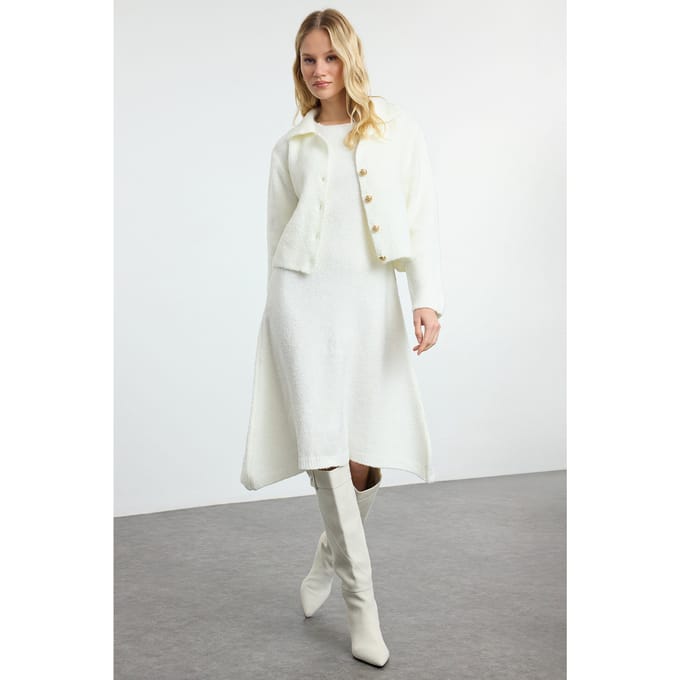 Ecrukleurige, rechte midi-jurk voor dames, lang, casual/dagelijks, slank model