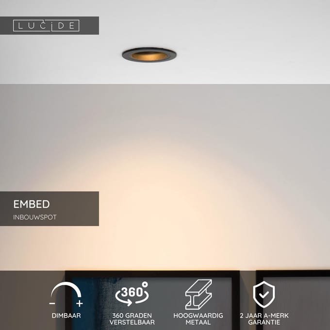 Lucide EMBED - Inbouwspot - Ø 9,1 cm - 1xGU10 - Zwart