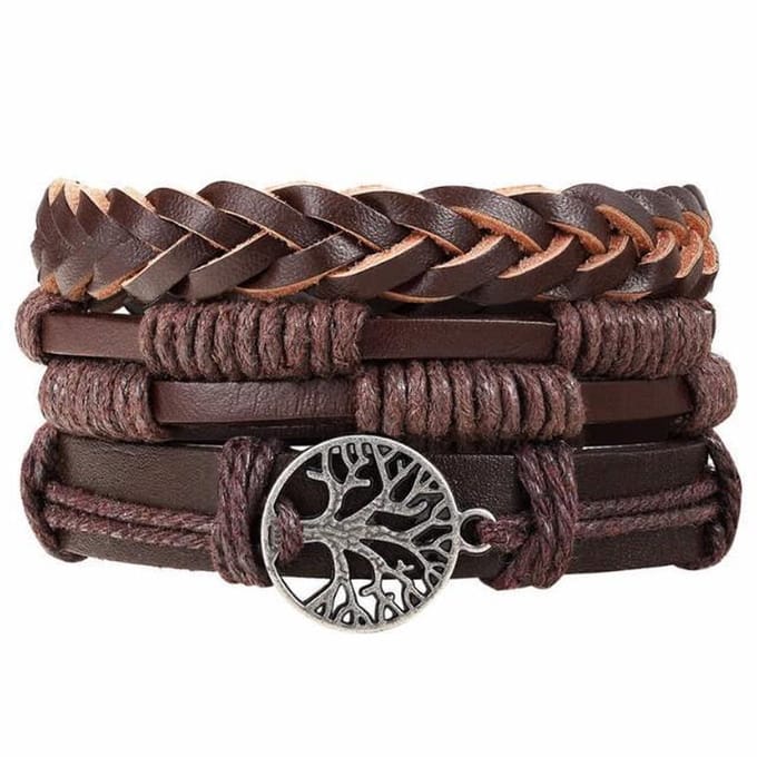 Fako Bijoux® - Leren Armband - Leder - Set Vintage - Levensboom