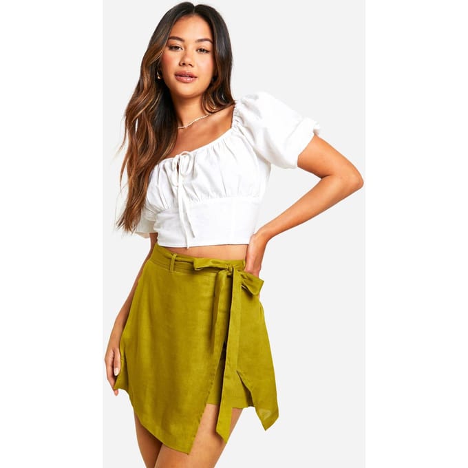 boohoo Dames Linnen-look skort met ceintuur | Kaki | Maat: 34