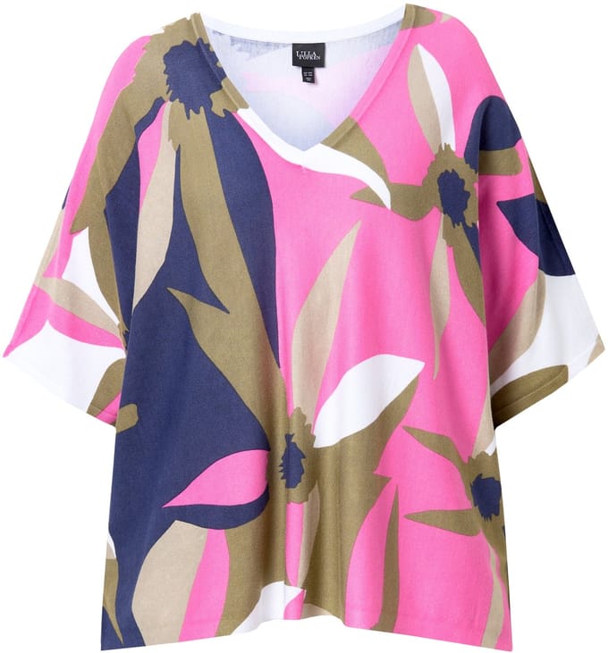 Ulla Popken - Dames - Trui bloemen oversized V-hals 3/4-mouwen - Olijfgroen - Maat 2+