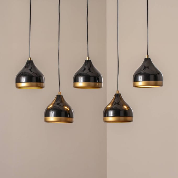 Opviq Hanglamp Yildo, zwart/goud, 5-lamps. Lengte 111 cm