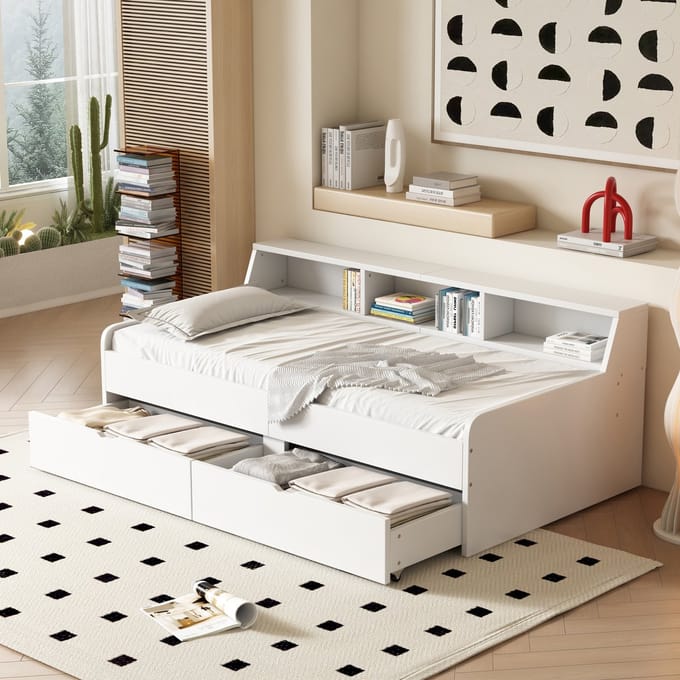 Daybed 90x200 - Eenpersoonsbed met 2 Lades en Opbergruimte - Hout - Wit