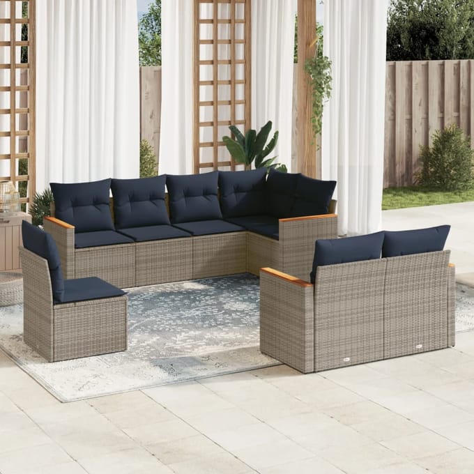 vidaXL - 8-delige - tuinbankset - met - kussens, - grijs - polyrotan