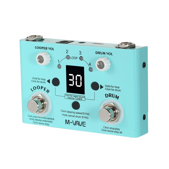 M-VAVE LOST TEMPO Pédale D'effet Tambour & Looper Effecteur Mini 2-en-1 Looper & Drum Machine Double With speed adjustment bleu clair