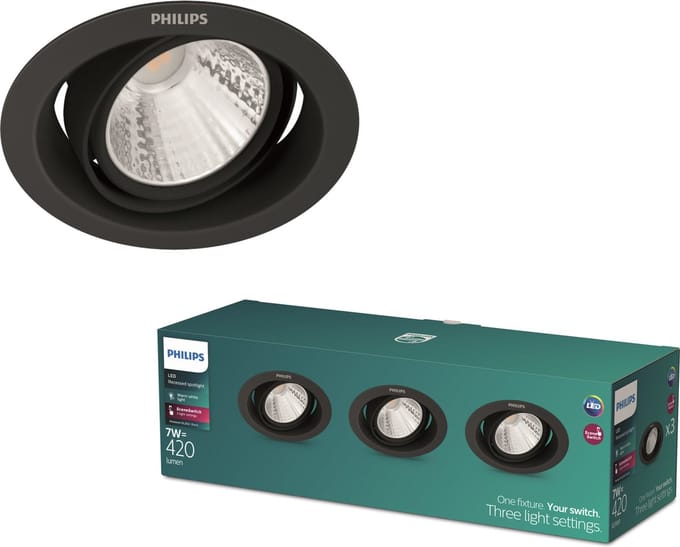 Philips Pomeron Inbouwspot - SceneSwitch - 7W - Warmwit licht - Zwart - Multi-pack 3 stuks