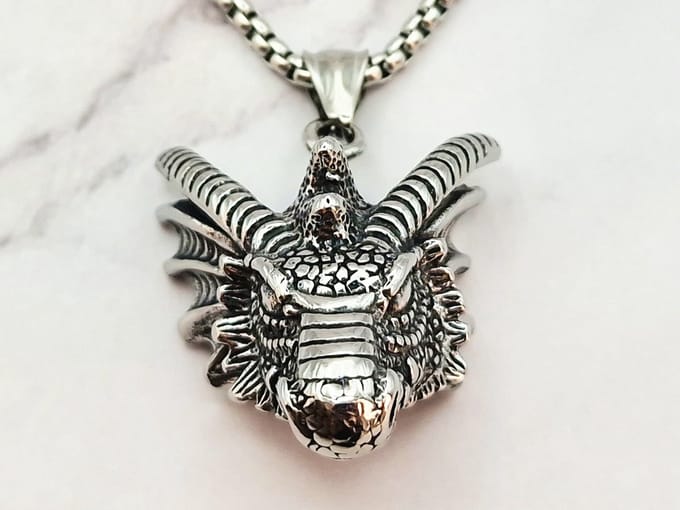 Mei's - Viking The Dragon - ketting heren - draak - RVS zilver - 60 cm