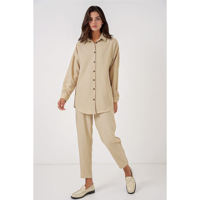 Linnenmix Lange Mouwen Shirt en Broek Set