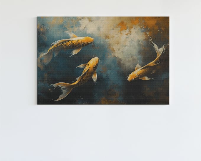 Canvas Schilderij - Gouden Vissen - Abstract - Schilderij - 90x60x2 cm