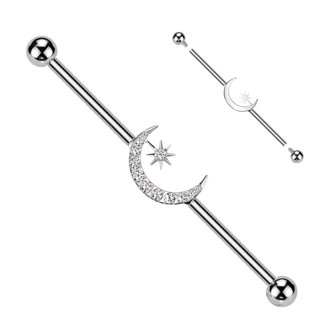 Industrial piercing steentjes in maan met ster - zilver - LMPiercings