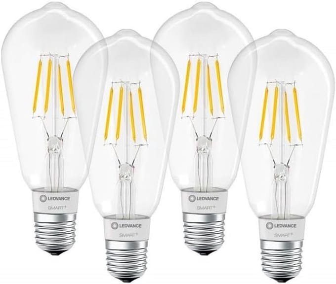 4 x LEDVANCE Smart LED-lamp met Bluetooth Mesh-technologie, E27-fitting, dimbaar, warm wit (2700K), bestuurbaar met Alexa, Google en Apple