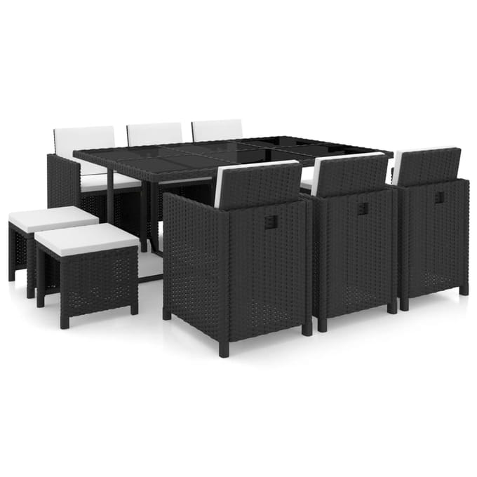 vidaXL - 11-delige - Tuinset - met - kussens - poly - rattan - zwart