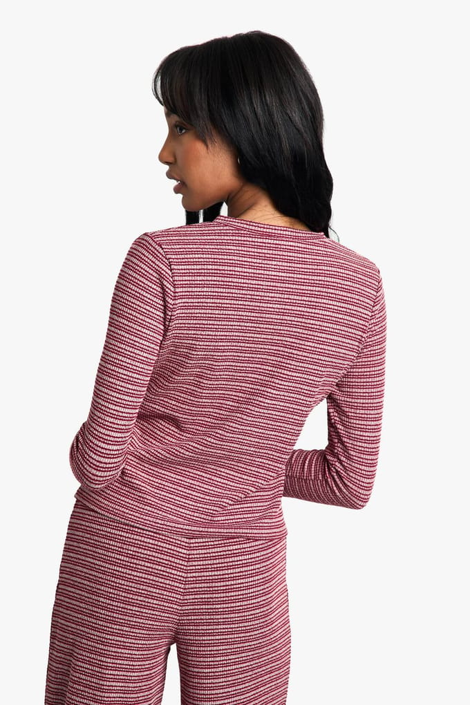 boohoo Dames Gestreepte Jersey Top met Knopen aan de Voorkant | Red | Maat: 6