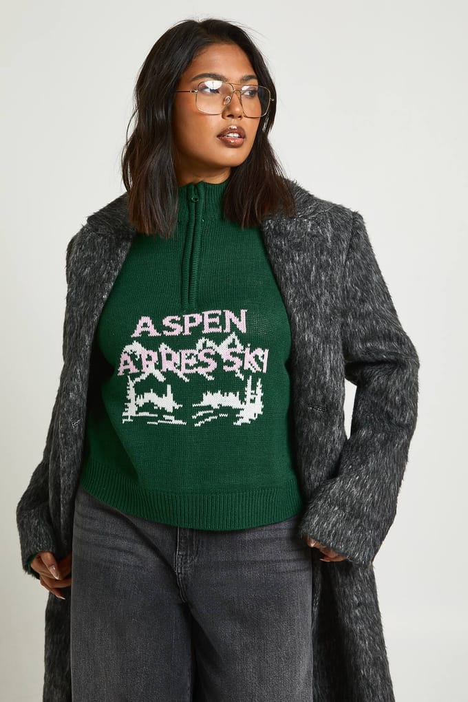 boohoo Dames Plus Aspen Apres-Ski Half Zip Kersttrui | Green | Maat: 18-20