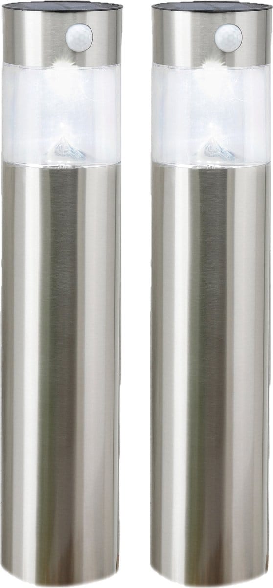 Hi Solar tuinlamp/prikspot pilaar - 2x - zilver - RVS - 50 cm - zonne energie met bewegingssensor