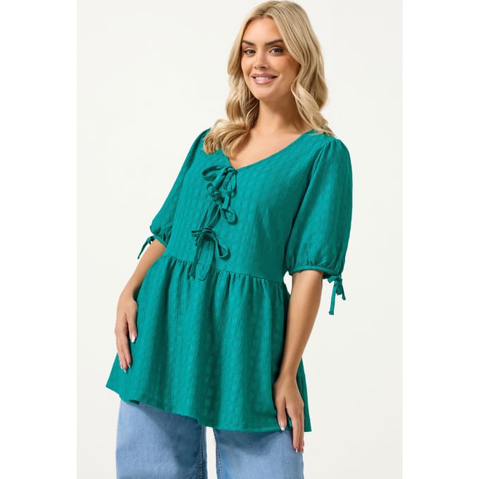 Yours Tealgroene Getextureerde Top Met Strik Aan De Voorkant Size 44