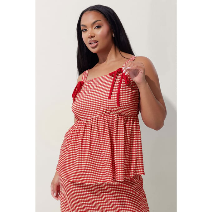 Limited Collection Top Met Gingham Ruit En Strikdetail In Rood Size 46