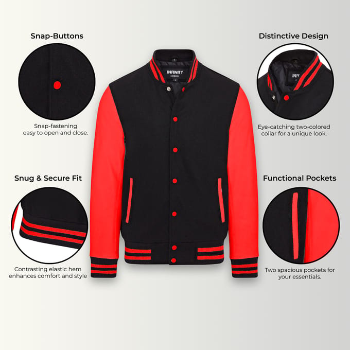Letterman Baseball Zwart Rood Wollen Leren Varsity Bomberjack - Genua