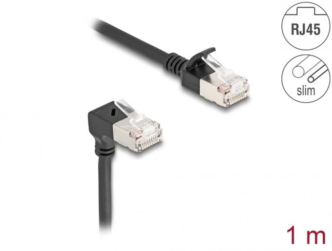 Delock RJ45 Network Cable Cat.6A S/FTP Slim 90° downwards angled / straight 1 m black