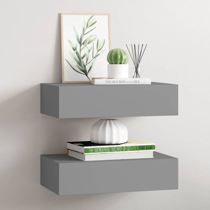 vidaXL - Wandschappen - 2 - st - met - lade - 40x23,5x10 - cm - MDF - grijs