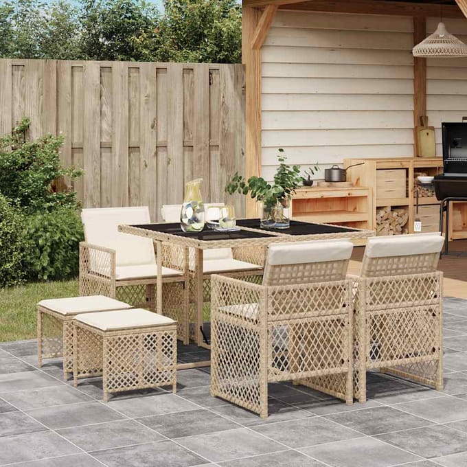 vidaXL - 9-delige - Tuinset - met - kussens - poly - rattan - beige